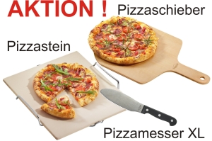 Pizzastein und Pizzaschieber und Pizzaschneider